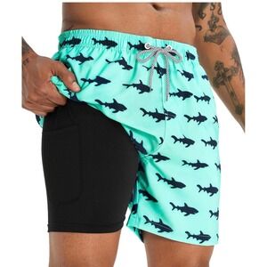 Shark Print Swim Trunks with Compression Liner Turquoise 2XL